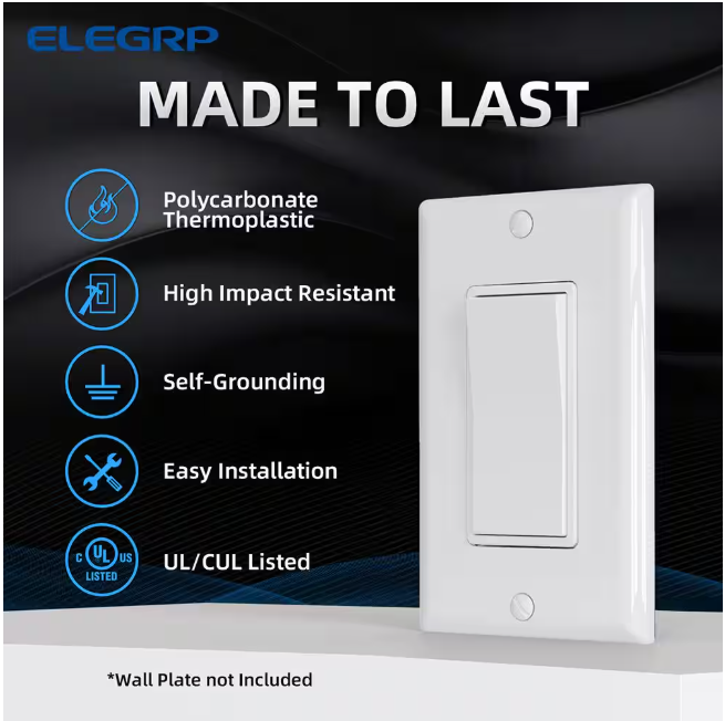 ELEGRP Decor 15 Amp 120-Volt Single Pole Rocker AC Quiet Light Switch, White (10-Pack)