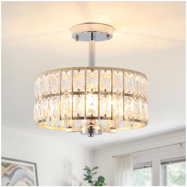 Koyal 3-Light Round Gold/Chrome 12.59 in. Chandelier Semi Flush Mount Ceiling Light with Clear Crystal Glass Drum Shade