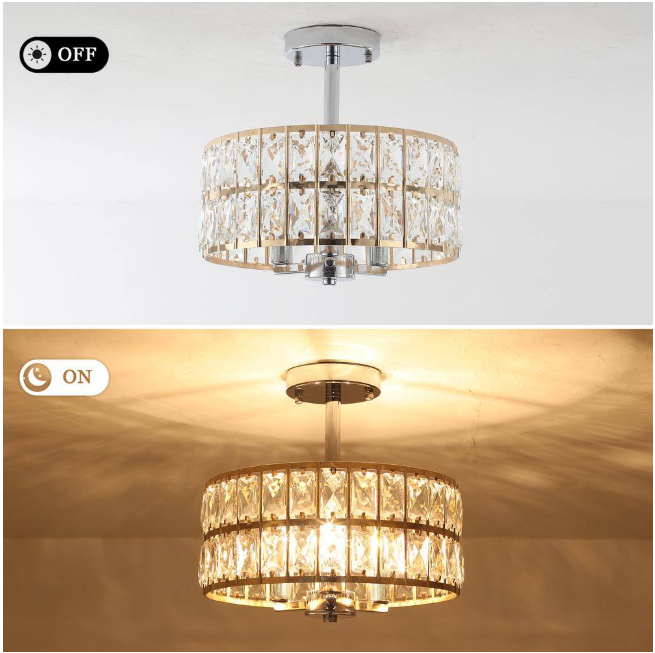 Koyal 3-Light Round Gold/Chrome 12.59 in. Chandelier Semi Flush Mount Ceiling Light with Clear Crystal Glass Drum Shade
