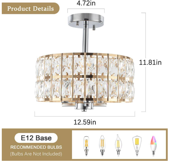 Koyal 3-Light Round Gold/Chrome 12.59 in. Chandelier Semi Flush Mount Ceiling Light with Clear Crystal Glass Drum Shade