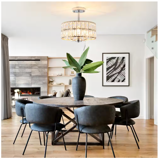 Koyal 3-Light Round Gold/Chrome 12.59 in. Chandelier Semi Flush Mount Ceiling Light with Clear Crystal Glass Drum Shade