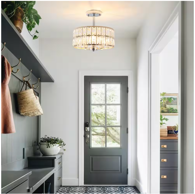 Koyal 3-Light Round Gold/Chrome 12.59 in. Chandelier Semi Flush Mount Ceiling Light with Clear Crystal Glass Drum Shade
