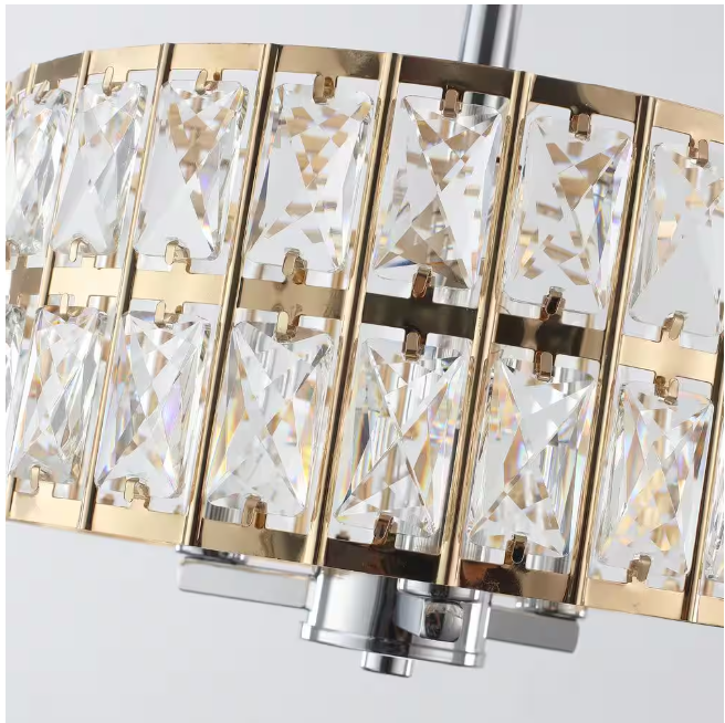 Koyal 3-Light Round Gold/Chrome 12.59 in. Chandelier Semi Flush Mount Ceiling Light with Clear Crystal Glass Drum Shade