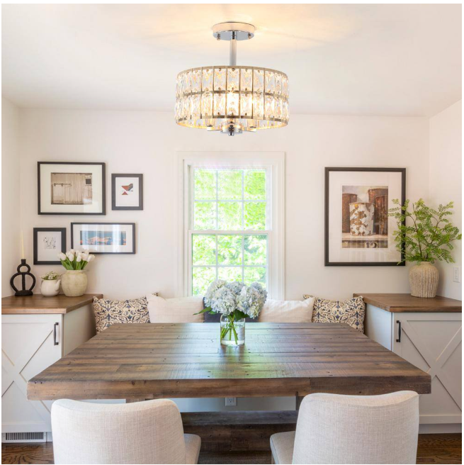 Koyal 3-Light Round Gold/Chrome 12.59 in. Chandelier Semi Flush Mount Ceiling Light with Clear Crystal Glass Drum Shade