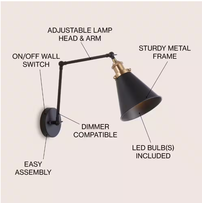 JONATHAN Y Rover 7 in. Black Adjustable Arm Metal LED Wall Sconce