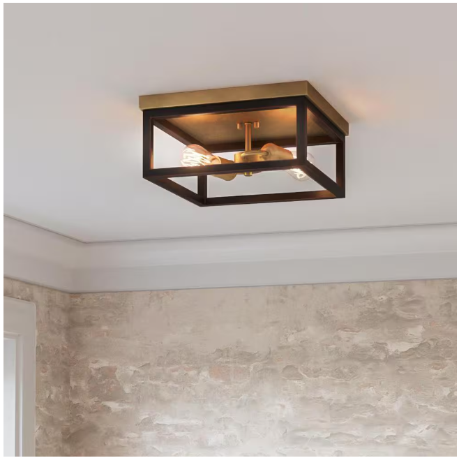 Hampton Bay Boswell Quarter 12-1/2 in. 2-Light Gold and Black Distressed Wood Accents Coastal Flush Mount Ceiling Light for Bedrooms