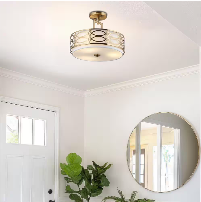 Kira Home Sienna 14.5 in. 60-Watt 3-Light Cool Brass Modern Semi-Flush with White Shade, No Bulb Included