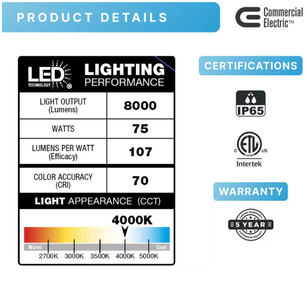 Commercial Electric 550W Equivalent Integrated LED Bronze Outdoor Wall/Flood Light, 8000 Lumens