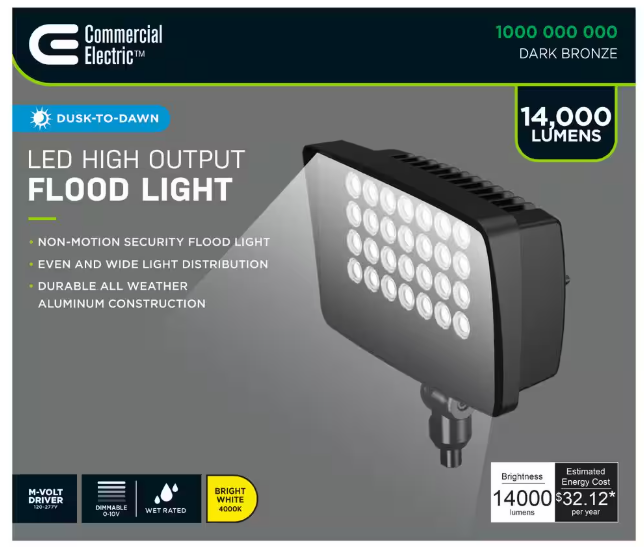 Commercial Electric 950W Equivalent Integrated LED Bronze Outdoor High Output Flood Light, 12,000 Lumens, 4000K, Dusk-to-Dawn