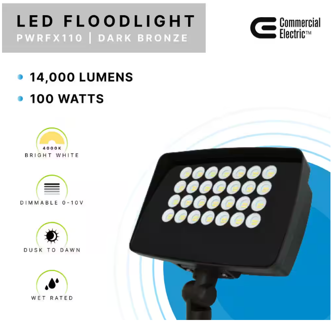 Commercial Electric 950W Equivalent Integrated LED Bronze Outdoor High Output Flood Light, 12,000 Lumens, 4000K, Dusk-to-Dawn