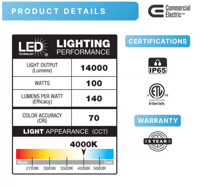 Commercial Electric 950W Equivalent Integrated LED Bronze Outdoor High Output Flood Light, 12,000 Lumens, 4000K, Dusk-to-Dawn