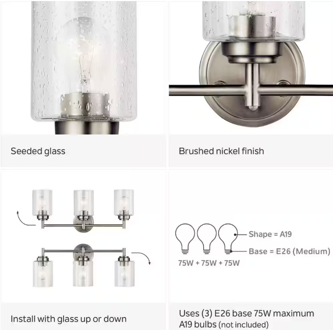 KICHLER Winslow 21.5 in. 3-Light Brushed Nickel Contemporary Bathroom Vanity Light with Clear Seeded Glass
