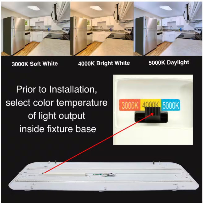 Commercial Electric 48 in. x 18 in. Low Profile LED Flush Mount Rectangular Light Fixture 5500 Lumens 3000K 4000K 5000K Kitchen Lighting