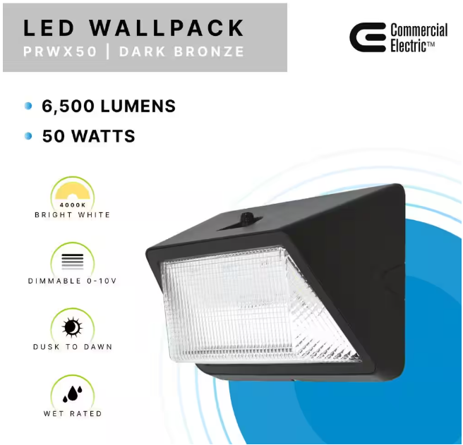 Commercial Electric 175W Equivalent Integrated LED Bronze Dusk to Dawn Commercial Refractor Wall Pack Light, 6500 Lumens, 4000K
