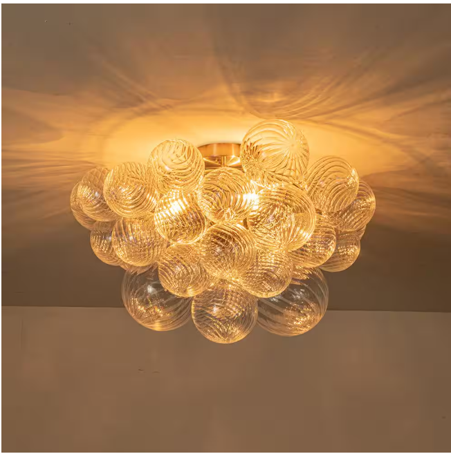 HUOKU Neuvy 19 in. W 3-Light Nickel Cluster Semi-Flush Mount Chandelier with Grape Swirled Glass Shades for Dining/Living