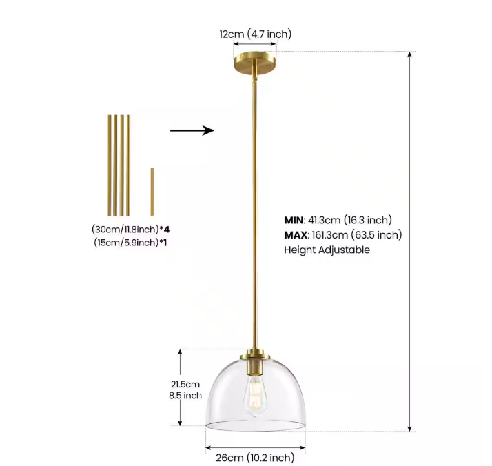 KAISITE 1-Light Gold Shaded Pendant Light with Transparent Glass Shade, Pendant Lighting Fixture for Kitchen Island
