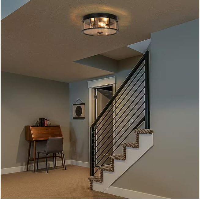 LNC 13 in. 3-Light Modern Black Industrial Metal Cage Flush Mount Ceiling Light with Clear Seeded Glass
