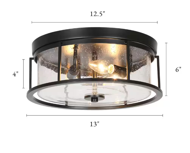 LNC 13 in. 3-Light Modern Black Industrial Metal Cage Flush Mount Ceiling Light with Clear Seeded Glass