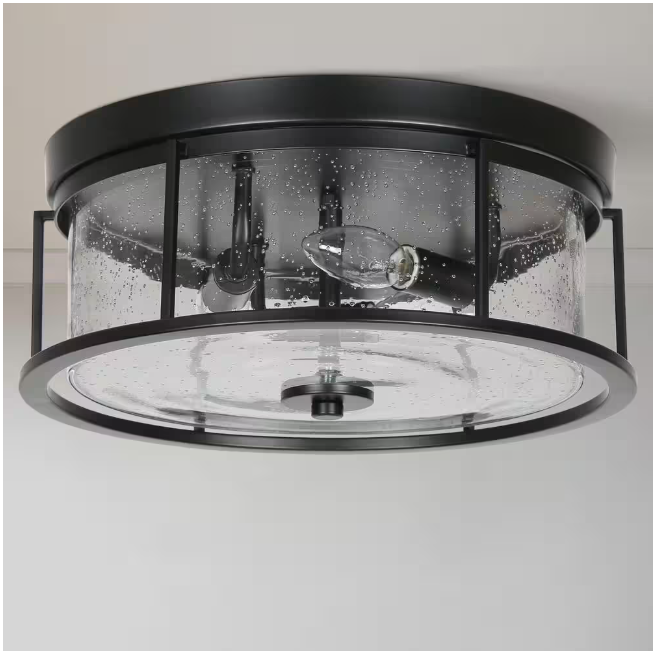 LNC 13 in. 3-Light Modern Black Industrial Metal Cage Flush Mount Ceiling Light with Clear Seeded Glass