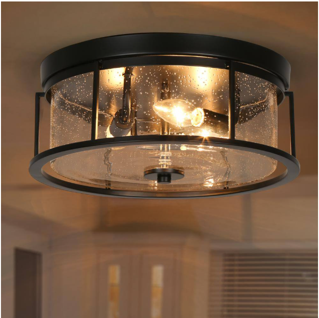 LNC 13 in. 3-Light Modern Black Industrial Metal Cage Flush Mount Ceiling Light with Clear Seeded Glass