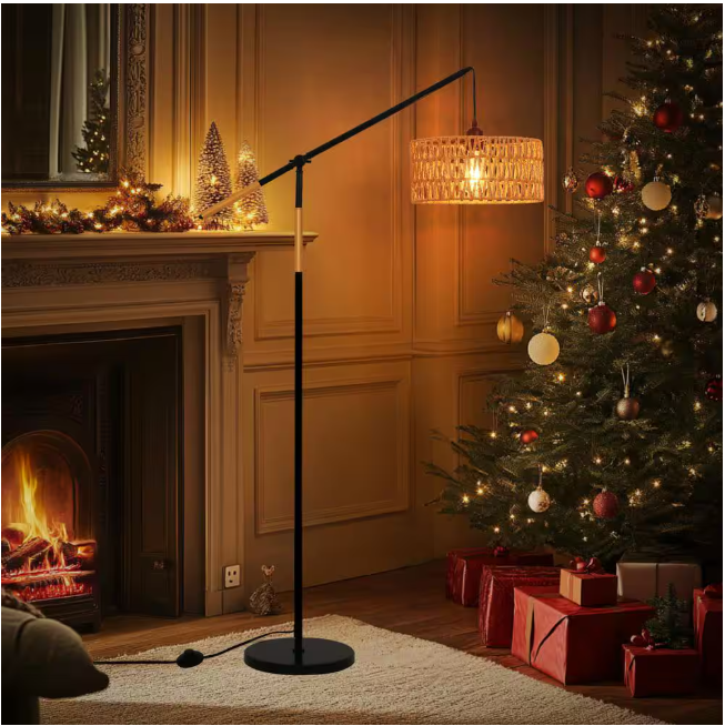 TOZING 68 in. 1-Light Black Modern Rope Adjustable Swing Arm Floor Lamp with Rattan Shade Marble Base Foot Switch for Bedroom