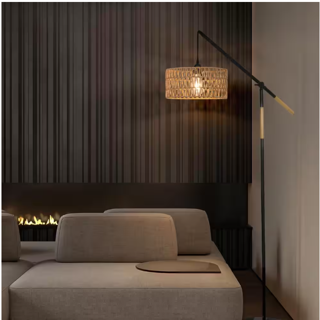 TOZING 68 in. 1-Light Black Modern Rope Adjustable Swing Arm Floor Lamp with Rattan Shade Marble Base Foot Switch for Bedroom