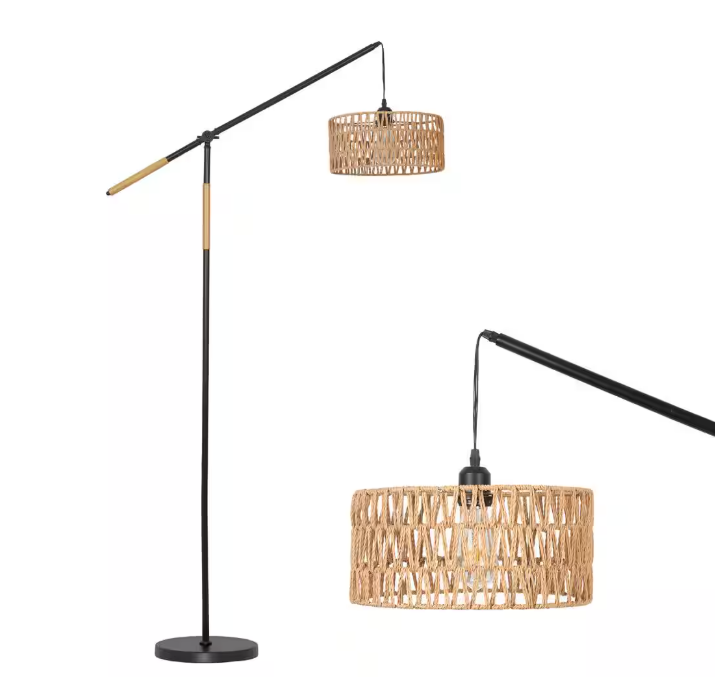 TOZING 68 in. 1-Light Black Modern Rope Adjustable Swing Arm Floor Lamp with Rattan Shade Marble Base Foot Switch for Bedroom