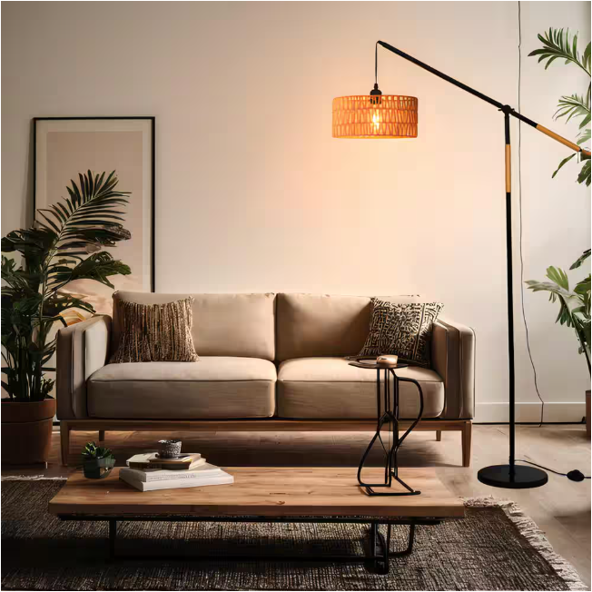 TOZING 68 in. 1-Light Black Modern Rope Adjustable Swing Arm Floor Lamp with Rattan Shade Marble Base Foot Switch for Bedroom