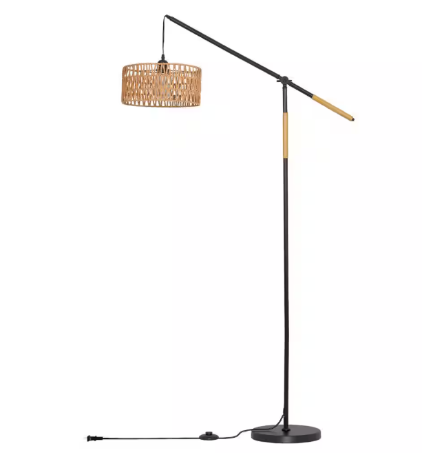 TOZING 68 in. 1-Light Black Modern Rope Adjustable Swing Arm Floor Lamp with Rattan Shade Marble Base Foot Switch for Bedroom
