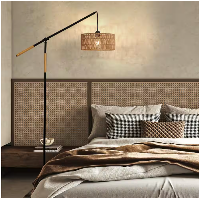 TOZING 68 in. 1-Light Black Modern Rope Adjustable Swing Arm Floor Lamp with Rattan Shade Marble Base Foot Switch for Bedroom