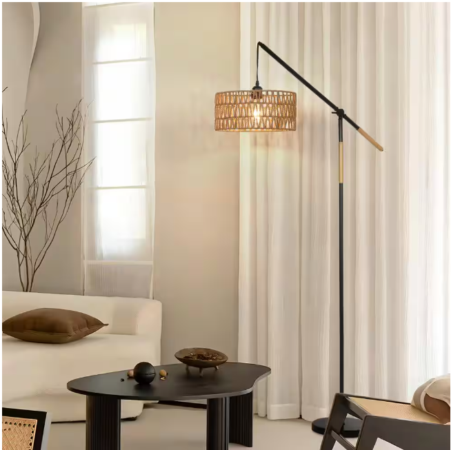 TOZING 68 in. 1-Light Black Modern Rope Adjustable Swing Arm Floor Lamp with Rattan Shade Marble Base Foot Switch for Bedroom