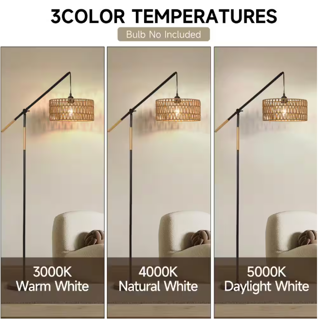 TOZING 68 in. 1-Light Black Modern Rope Adjustable Swing Arm Floor Lamp with Rattan Shade Marble Base Foot Switch for Bedroom