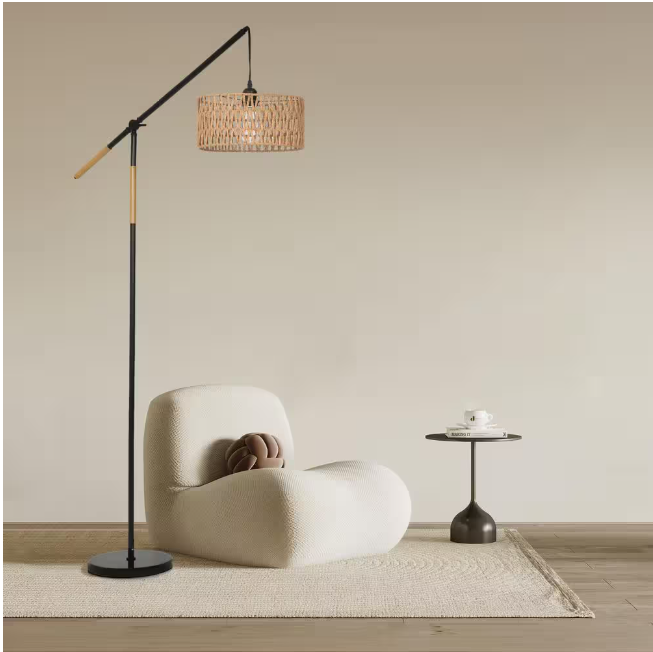 TOZING 68 in. 1-Light Black Modern Rope Adjustable Swing Arm Floor Lamp with Rattan Shade Marble Base Foot Switch for Bedroom