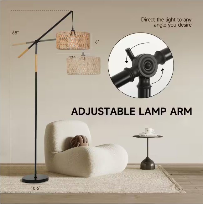 TOZING 68 in. 1-Light Black Modern Rope Adjustable Swing Arm Floor Lamp with Rattan Shade Marble Base Foot Switch for Bedroom