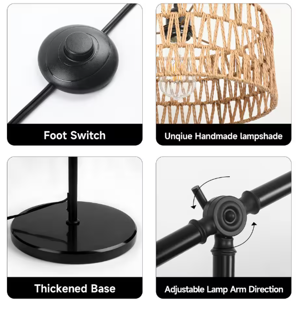 TOZING 68 in. 1-Light Black Modern Rope Adjustable Swing Arm Floor Lamp with Rattan Shade Marble Base Foot Switch for Bedroom