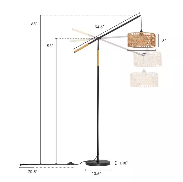 TOZING 68 in. 1-Light Black Modern Rope Adjustable Swing Arm Floor Lamp with Rattan Shade Marble Base Foot Switch for Bedroom
