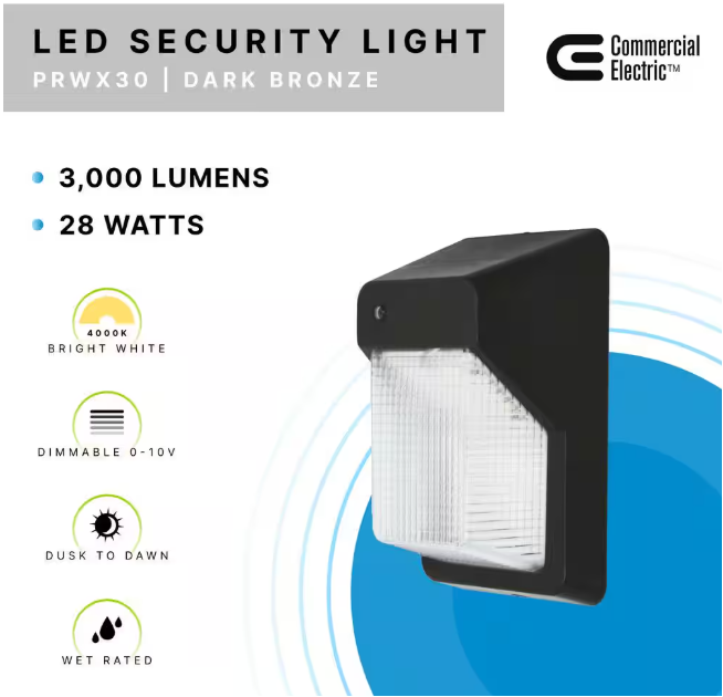 Commercial Electric 200W Equivalent Integrated LED Bronze Outdoor Vertical Wall Pack Over Door Light, 3000 Lumens