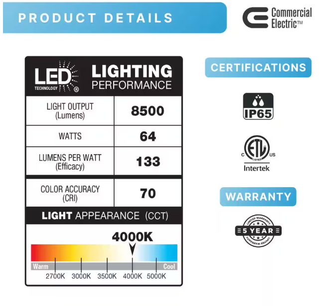 Commercial Electric 600W Equivalent Integrated LED Bronze Outdoor Commercial Wall Mount Area Light, 8500 Lumens, 4000K, Dusk-to-Dawn