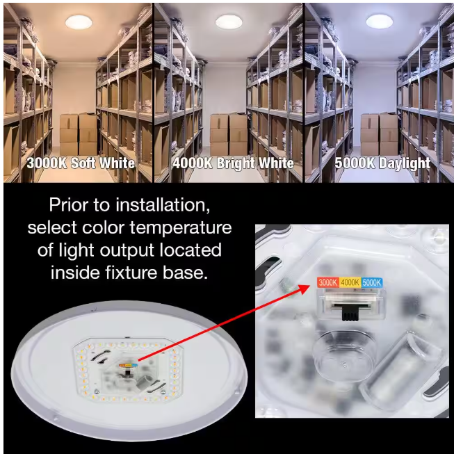 Commercial Electric 16 in. Low Profile LED Flush Mount Round Closet Light Fixture 1700 Lumens 3000K 4000K 5000K Dimmable Hallway Stairwell