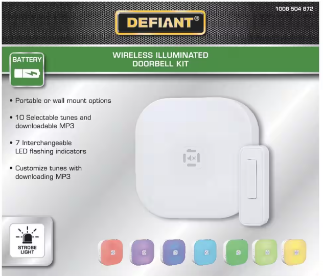 Defiant Wireless LED Illuminated Battery Operated Doorbell Kit with Wireless Push Button, White