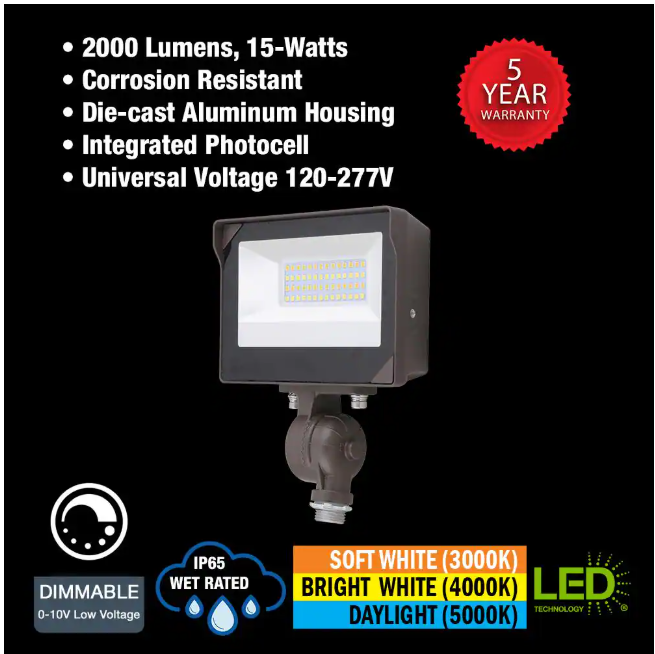 ETI LIGHTING 50-Watt Equivalent Bronze Integrated LED Flood Light 2000 Lumens Adjustable CCT and Photocell
