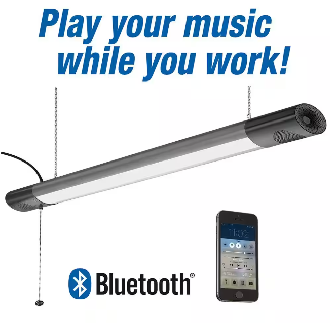 Commercial Electric 42 in. Workbench Garage Integrated LED Shop Light Bluetooth Speakers 3600 Lumens Black Brushed Nickel