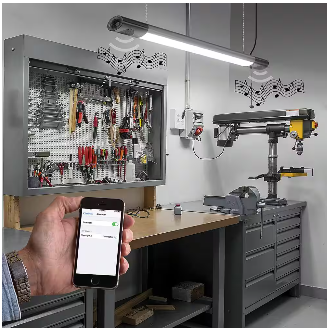 Commercial Electric 42 in. Workbench Garage Integrated LED Shop Light Bluetooth Speakers 3600 Lumens Black Brushed Nickel