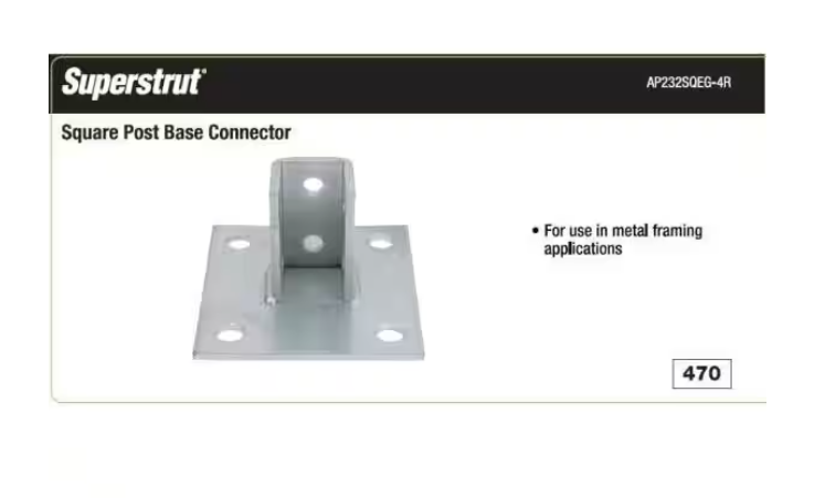 Superstrut 6 in. x 6 in. Steel Square Post Base Connector - Strut Fitting - Silver Galvanized