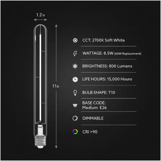 Feit Electric 60-Watt Equivalent T10XL Straight White Thin Filament Clear E26 Vintage Edison LED Light Bulb, Soft White 2700K (4-Pack)