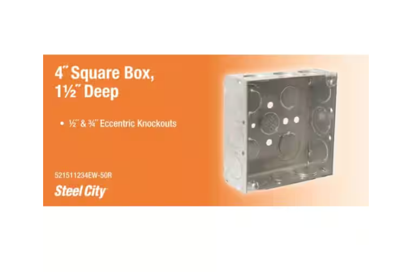 (Box of 38) Steel City 4 in. Square Metal Box 1/2 in. and 3/4 in. Knockouts