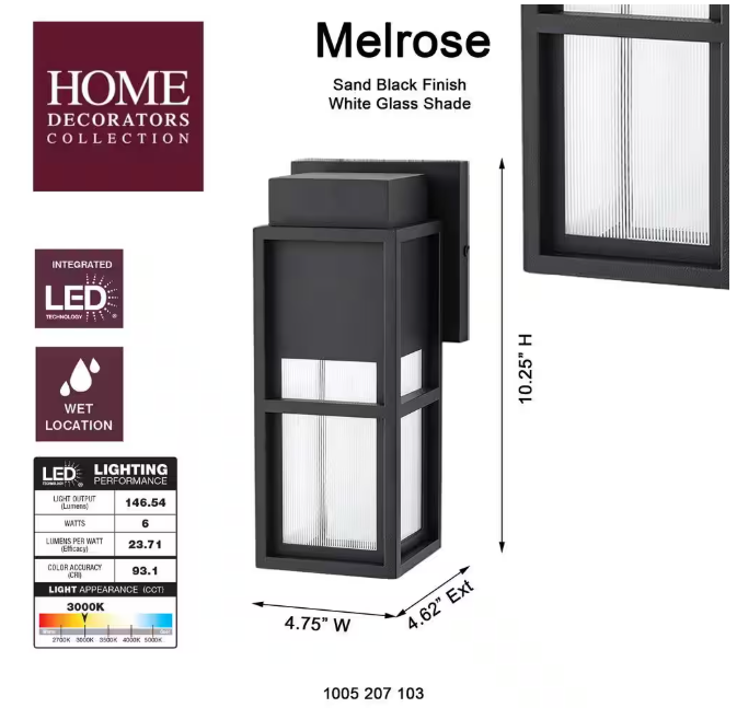 Home Decorators Collection Melrose 10.25 in. 1-Light Sand Black LED Outdoor Wall Mount Lantern