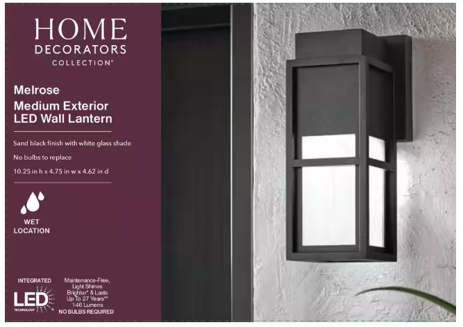 Home Decorators Collection Melrose 10.25 in. 1-Light Sand Black LED Outdoor Wall Mount Lantern