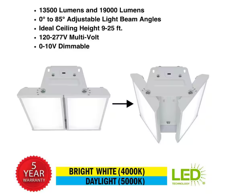 Commercial Electric 15 in. 19000 Lumens 138-Watts Adjustable Beam Multiple CCT & Lumens Integrated LED High Bay Light 120-277V Dimmable