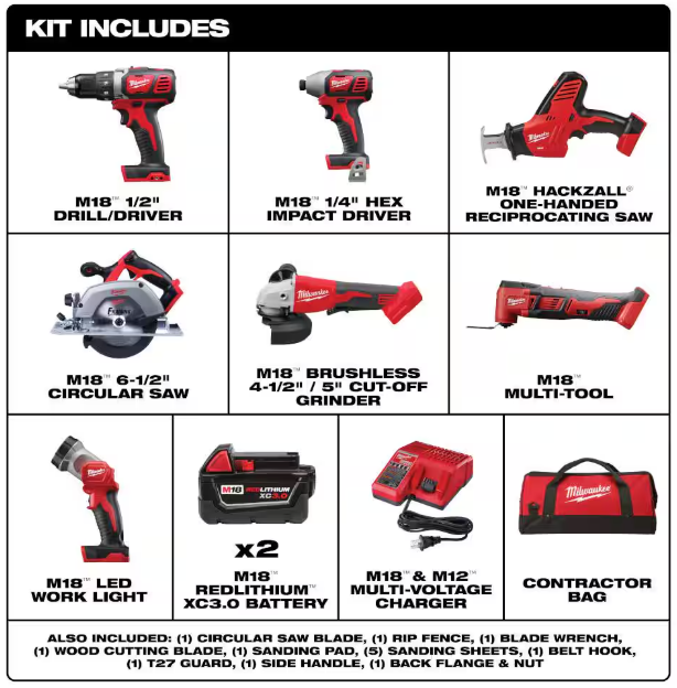 Milwaukee M18 18-Volt Lithium-Ion Cordless Combo Kit 7-Tool with 2-Batteries, Charger and Tool Bag